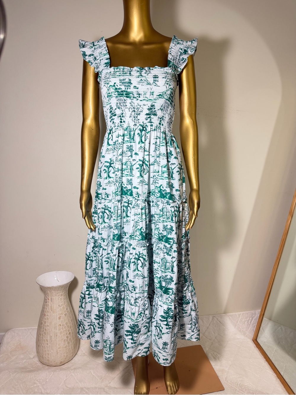 KOURT Green Toile Smocked Maxi Dress with Ruffle Straps